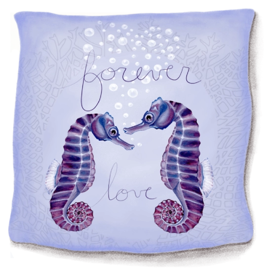 A pillow with two seahorses and the words " forever love ".