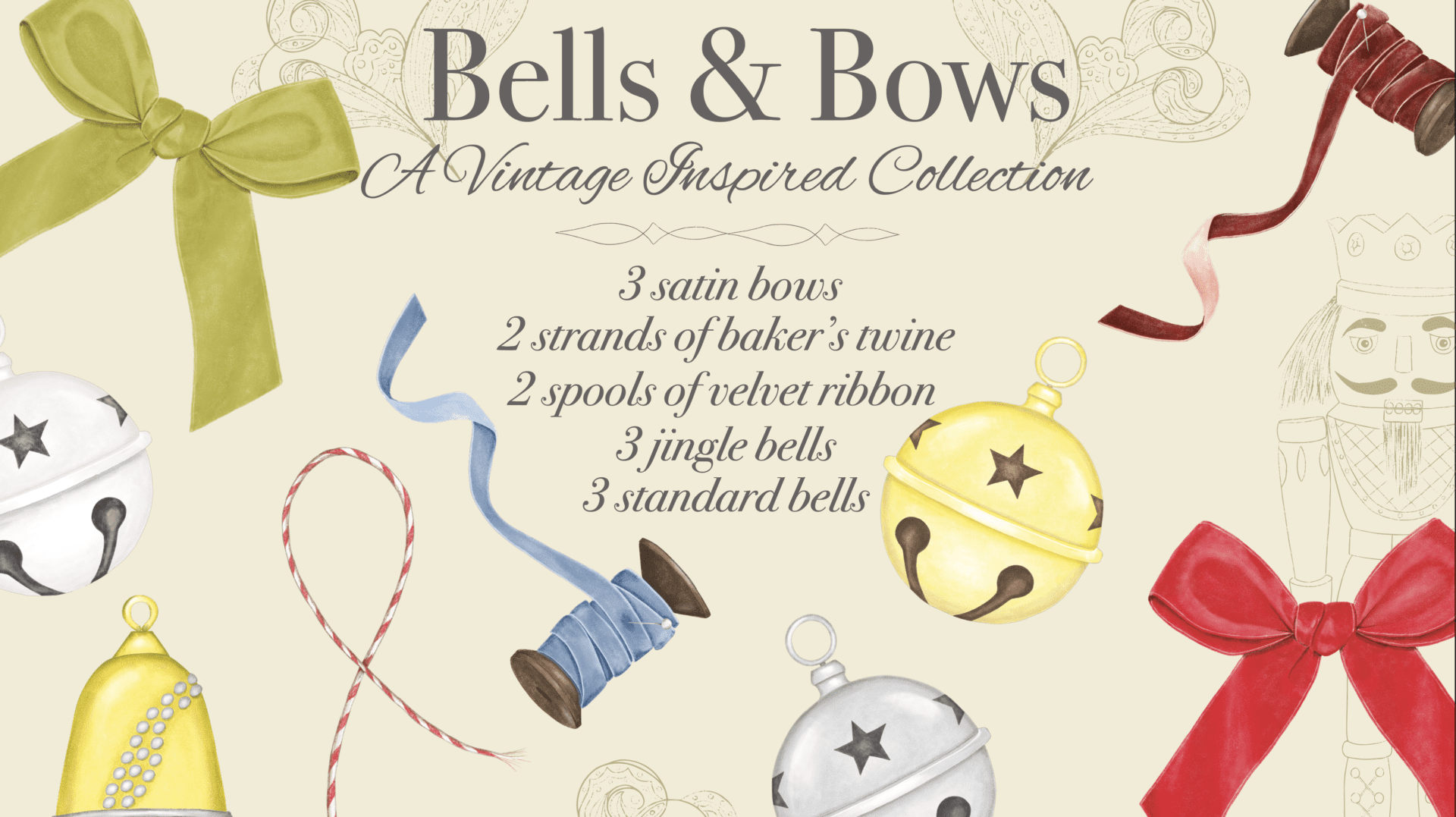 A collection of bells and bows with three different types.