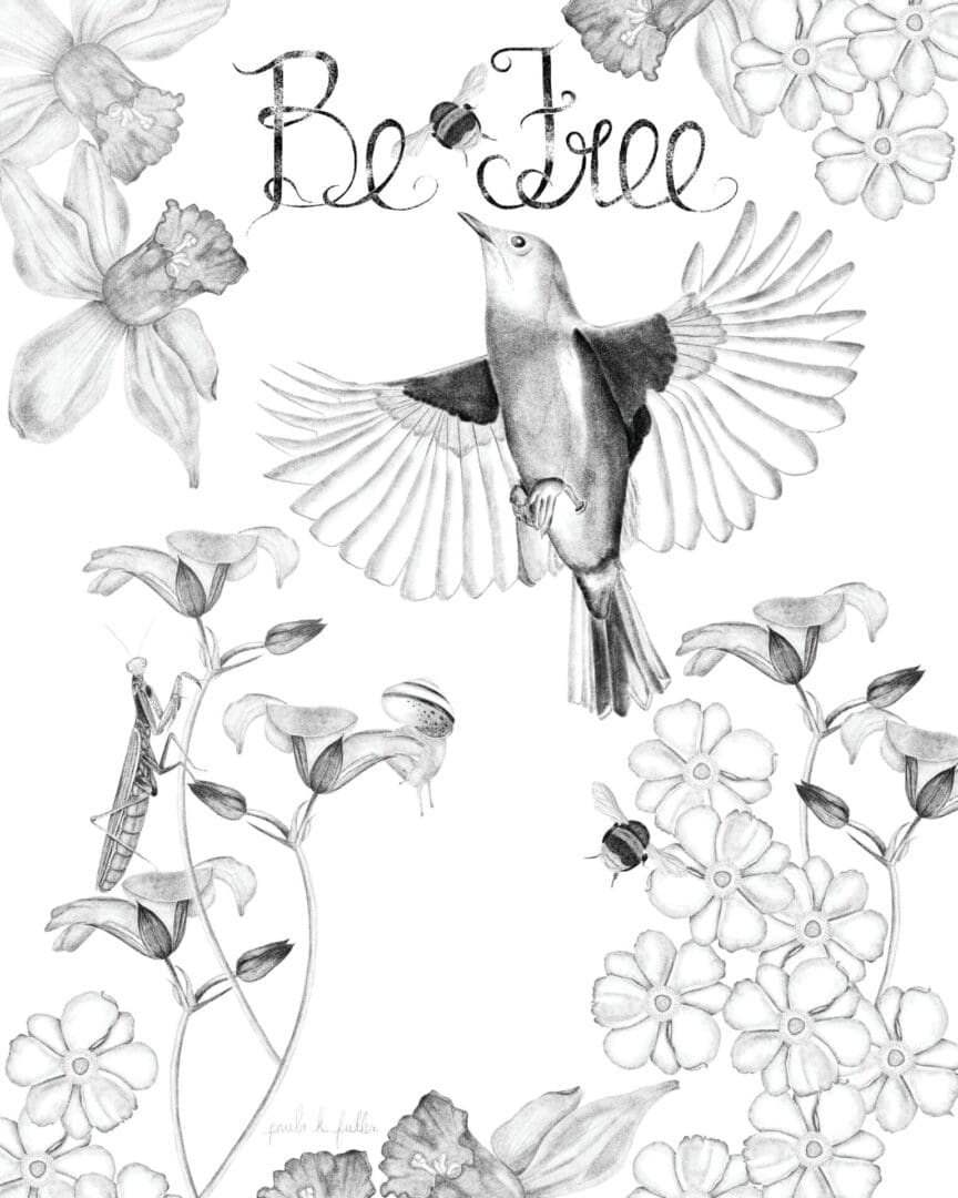 A bird flying over some flowers with the words " de slee ".