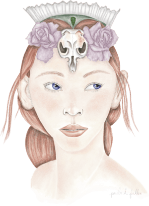 A woman with flowers and a skull on her head.