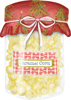 A bag of caramel corn with a bow on top.