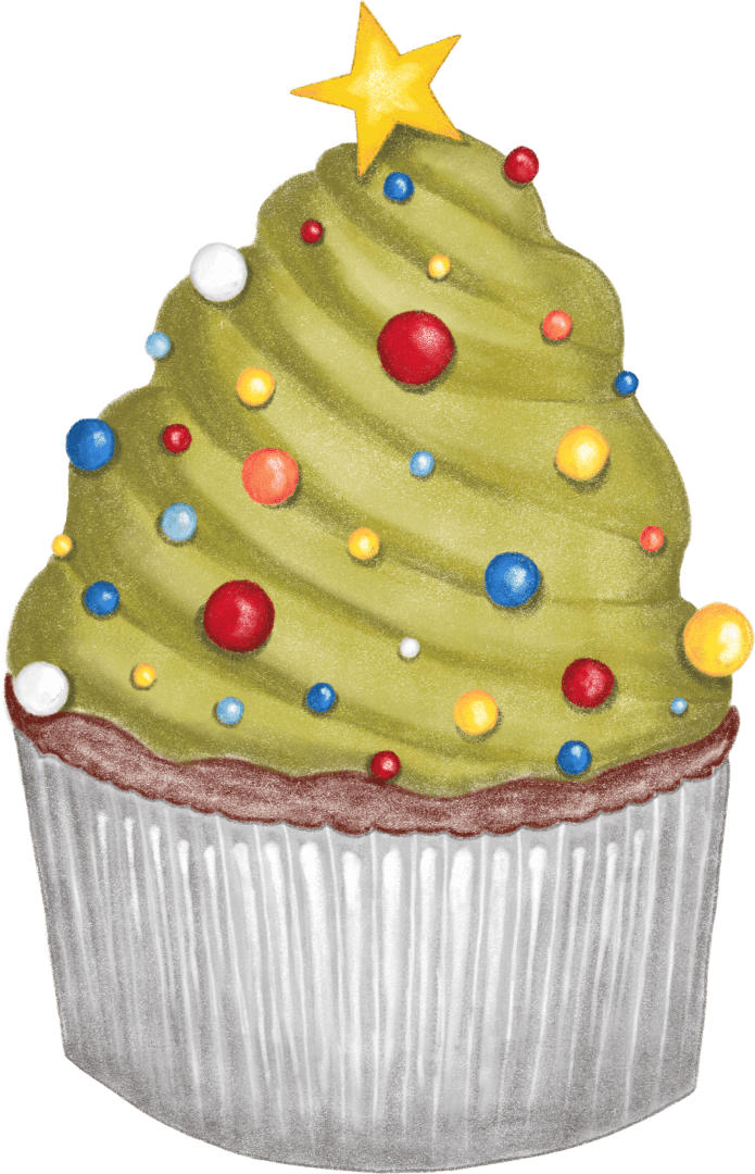 A cupcake with green frosting and colorful sprinkles.