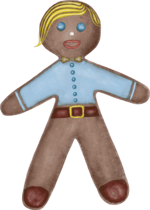 A gingerbread man with a blue shirt and brown belt.