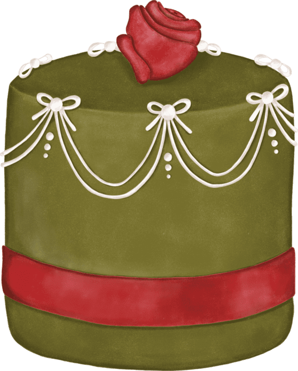 A green cake with red ribbon and white bow.