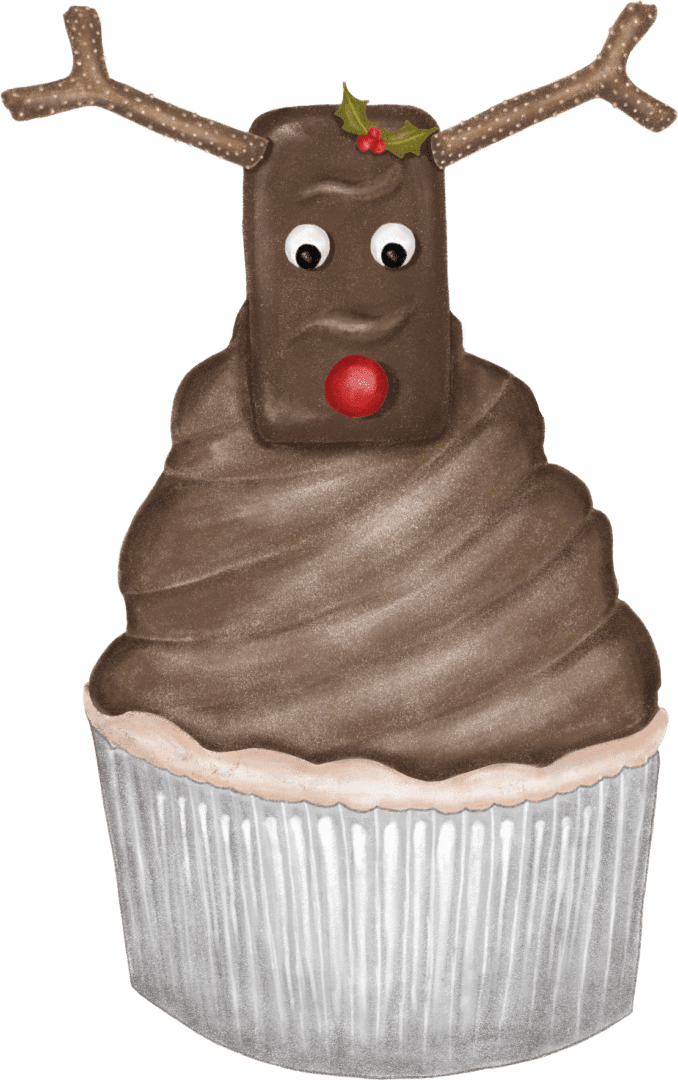 A cupcake with chocolate frosting and a red nose.