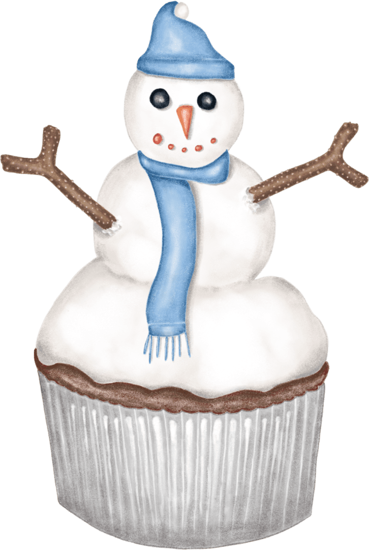 A cupcake with frosting and a snowman on top.