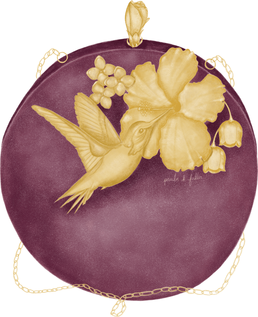 A purple and yellow plate with a hummingbird on it.