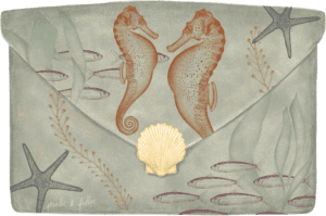 A painting of two seahorses and an ocean shell.