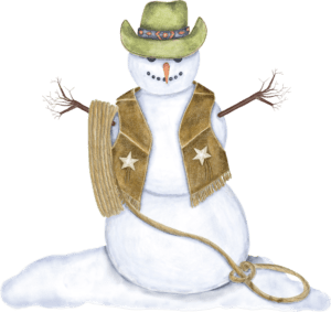 A snowman with a cowboy hat and vest.