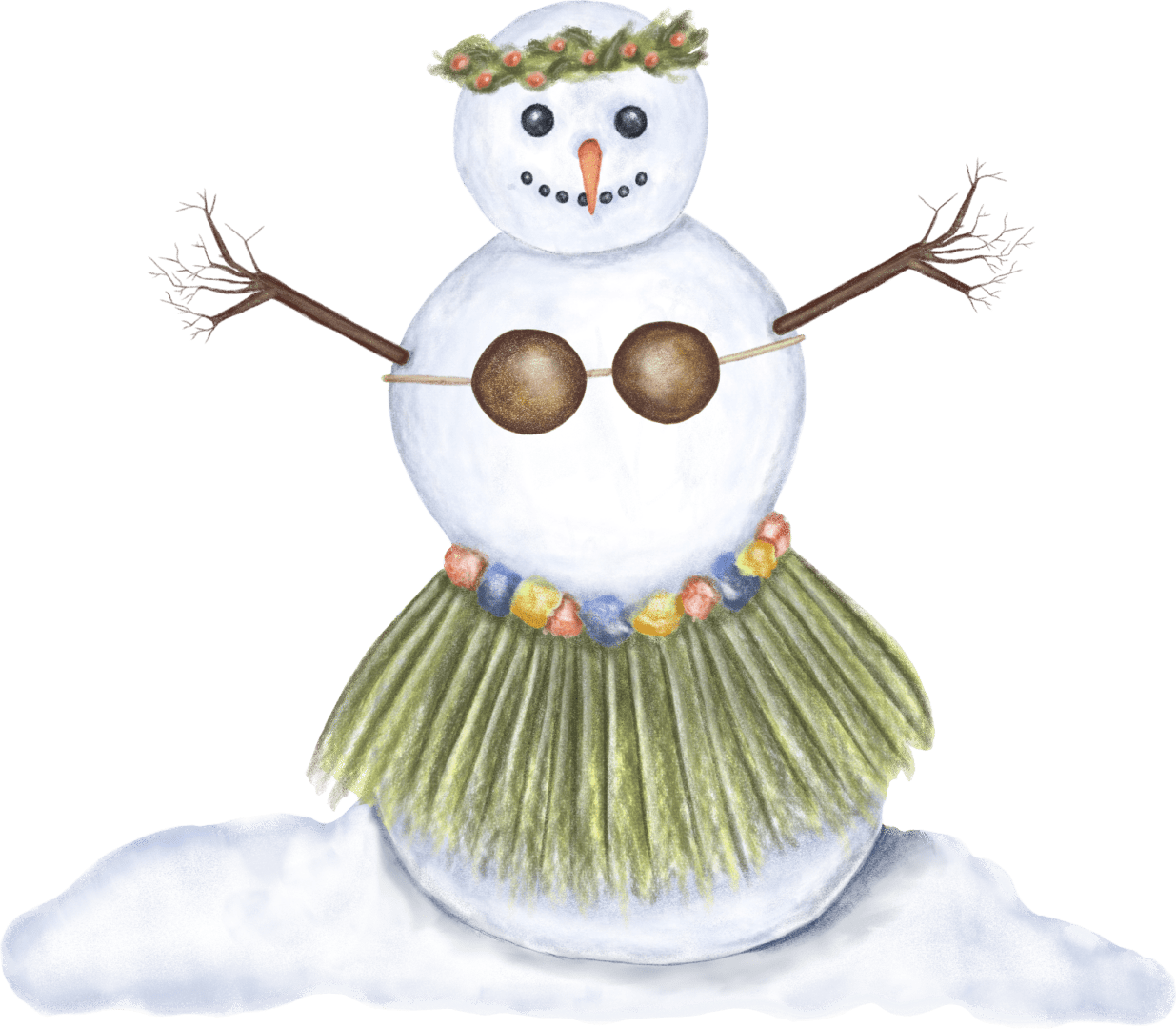 A snowman with hula skirt and grass skirt.