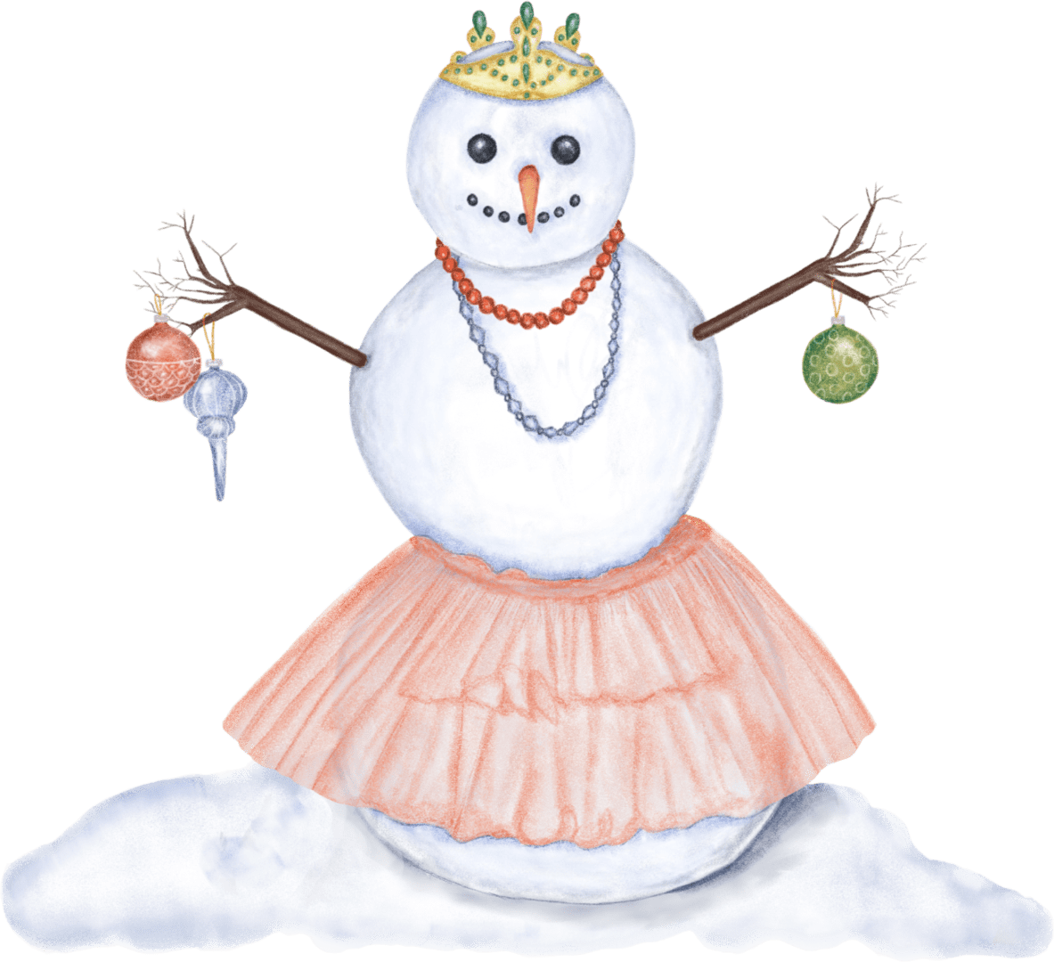 A snowman with a crown and keys on it's head.