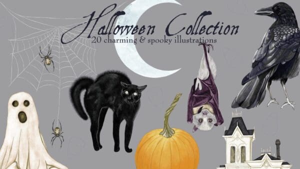 A collection of halloween images with bats, cats and pumpkins.