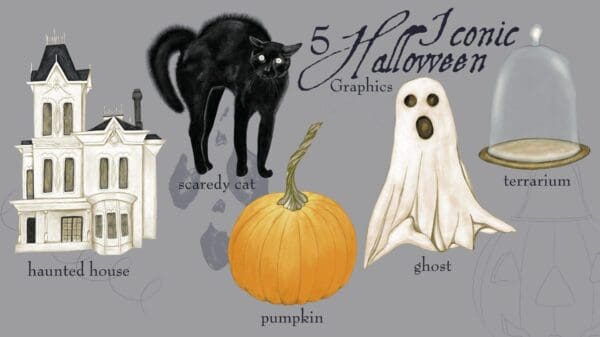 A black cat, pumpkin and ghost are depicted in this illustration.