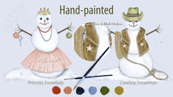 A painting of a snowman with different colors and designs.