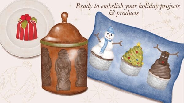 A painting of a jar and pillow with a snowman on it.