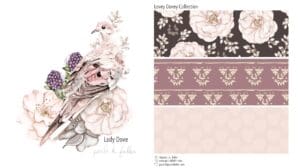 A collage of different designs and colors for the lady dove fabric.