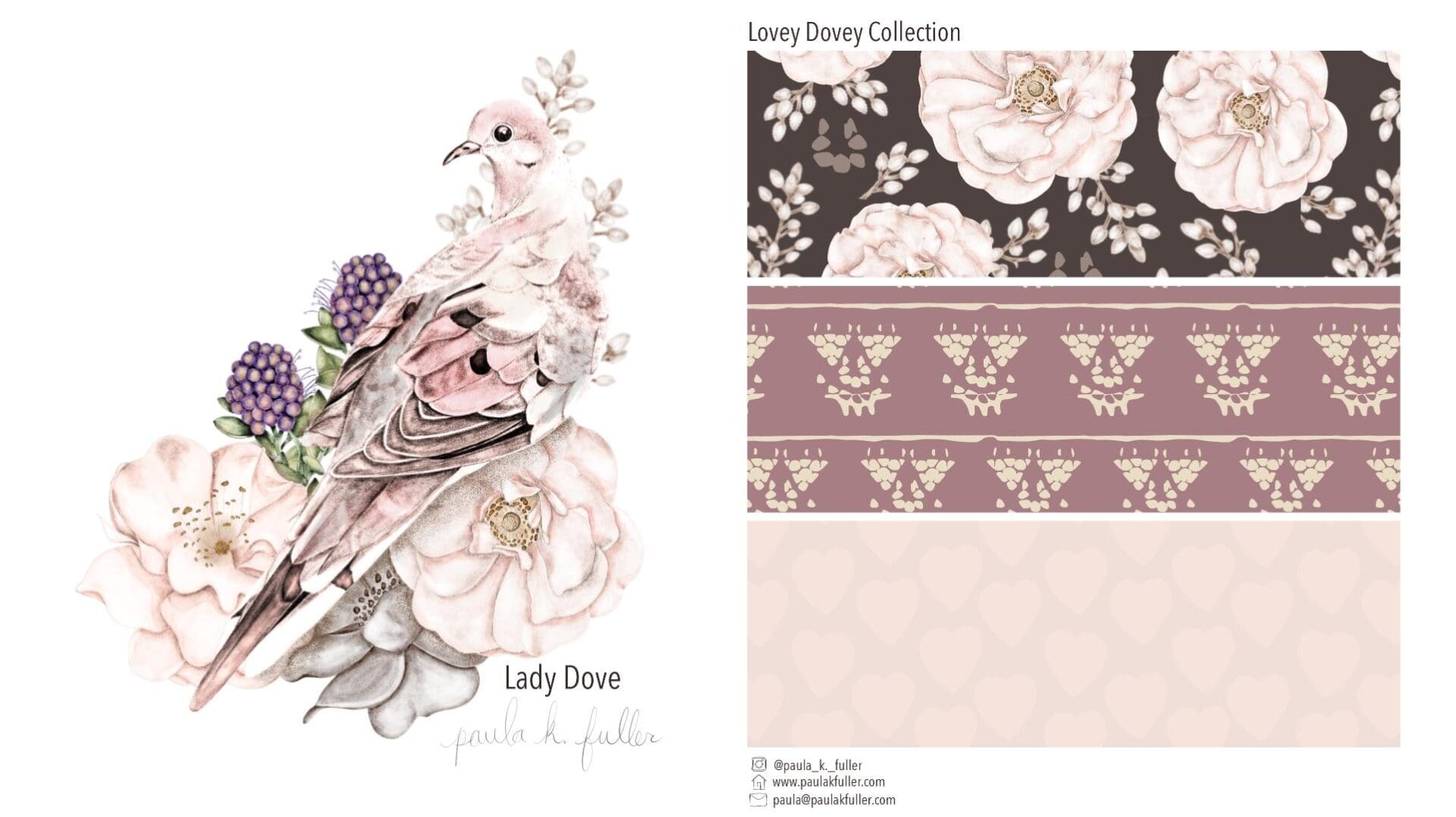 A collage of different designs and colors for the lady dove fabric.